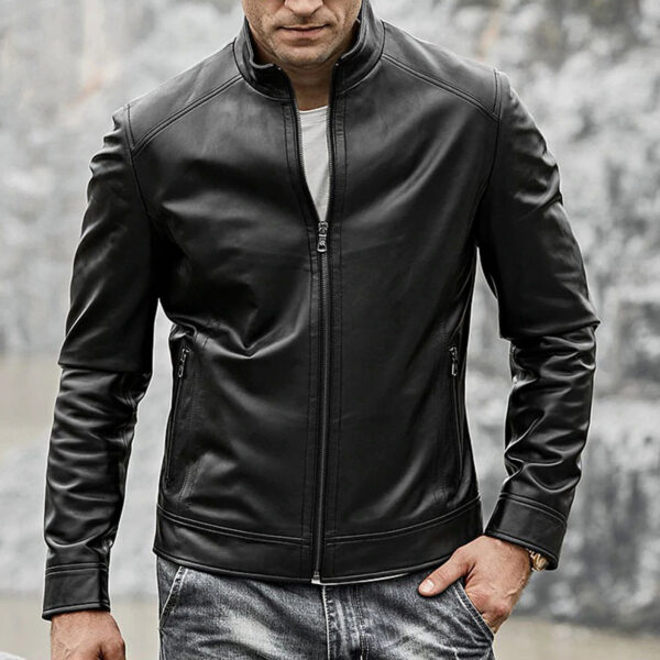 Men's Black Biker Slim Fit Cafe Racer Motorcycle Real Sheepskin Leather Jacket