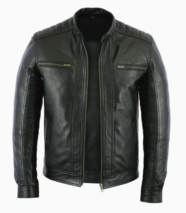 Men's Slim Fit Biker Style Black Motorcycle Real Sheepskin Leather Jacket