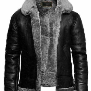 Men's Black RAF Shearling B3 Bomber Fur Collared Leather jacket Aviator Sheepskin