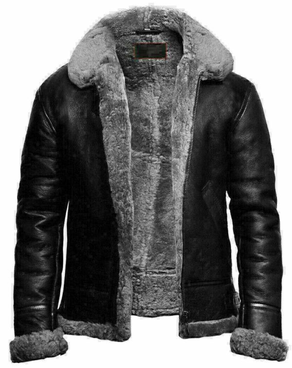 Men's Black RAF Shearling B3 Bomber Fur Collared Leather jacket Aviator Sheepskin